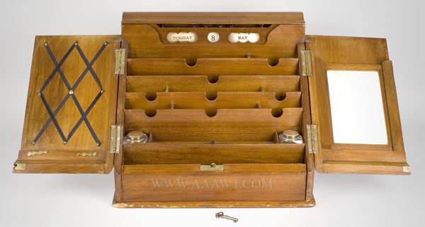 Writing Box, Stationery/Folio, Letter, Copying Box
With Writing Slope, Roll Calendar, Slate Pad, Ink Wells
England
Circa 1860 to 1880, open view